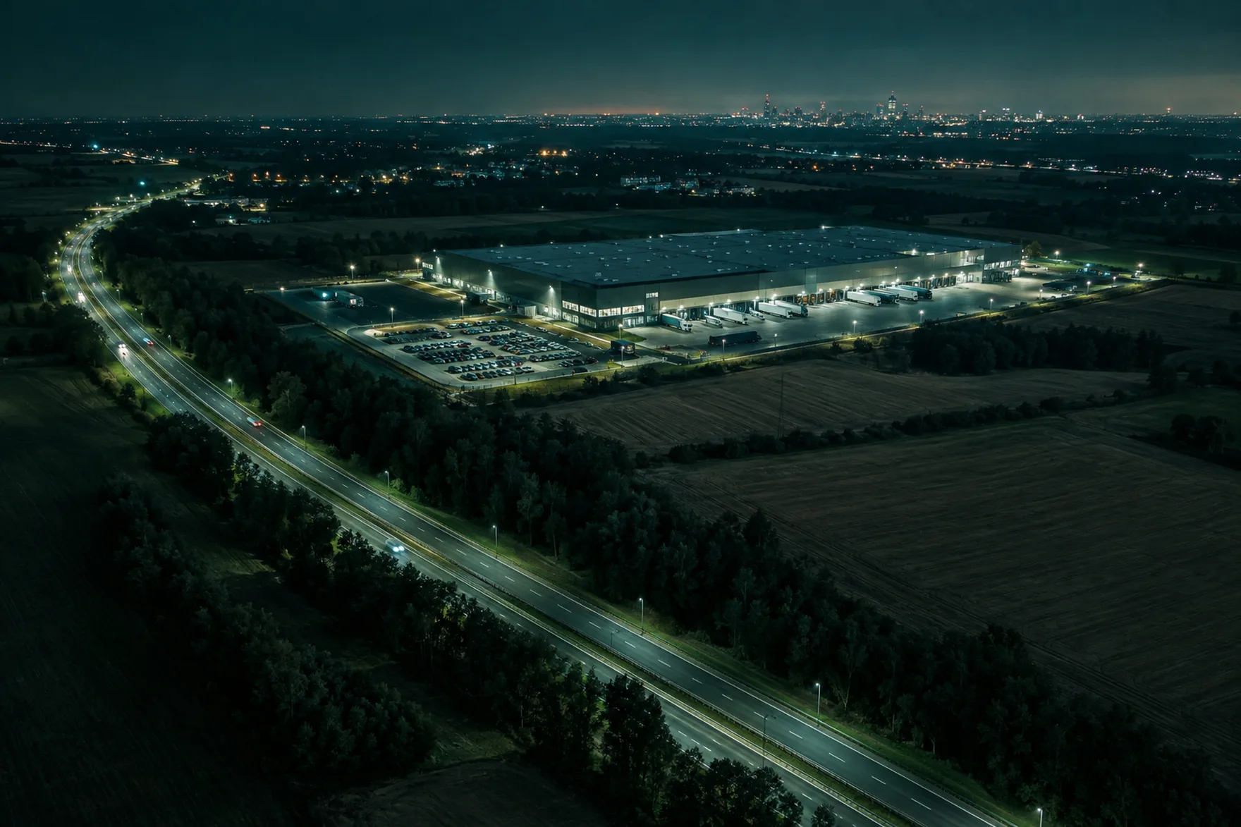 Hala logistyczna i grunty nocą z lotu ptaka
